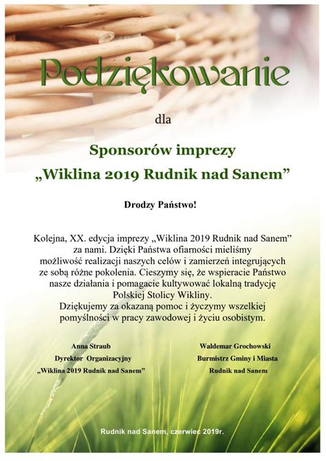 Podzi Kowanie Dla Sponsor W Centrum Wikliniarstwa