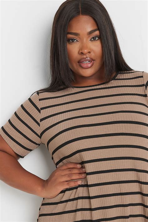 Yours Plus Size Brown Stripe Ribbed Swing T Shirt Yours Clothing