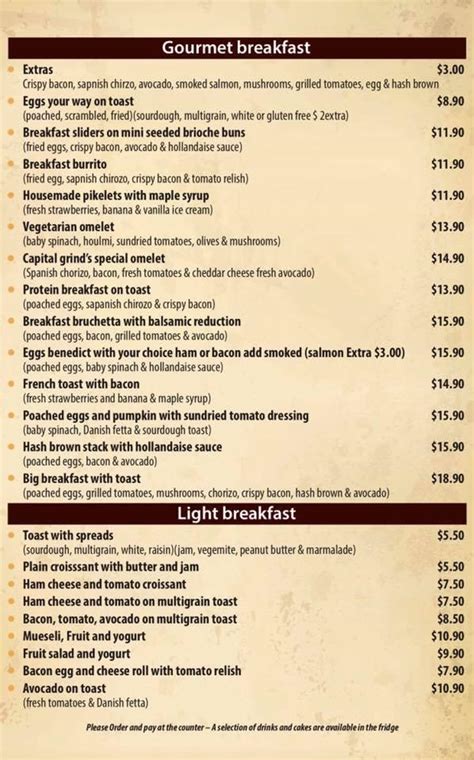 Menu at Capital Grind cafe, Canberra