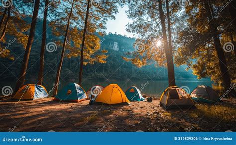 Group Of Tents Set Up In Woods Stock Photo Image Of Backpackers