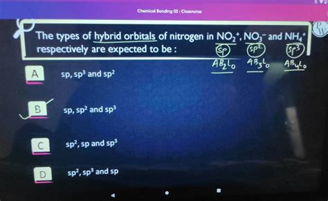 The types of hybrid orbitals of nitrogen in NO₂+, NO3- and NH4+ respectiv..