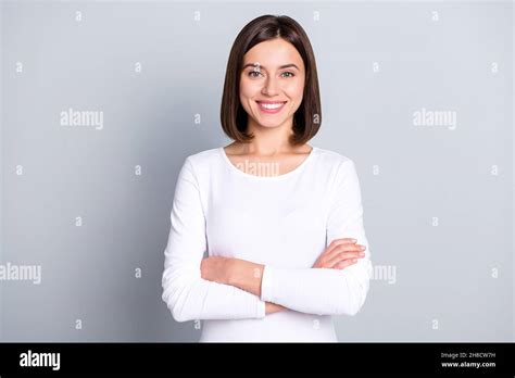 Photo Of Teacher Brunette Millennial Lady Crossed Arms Wear White Outfit Isolated On Grey Color