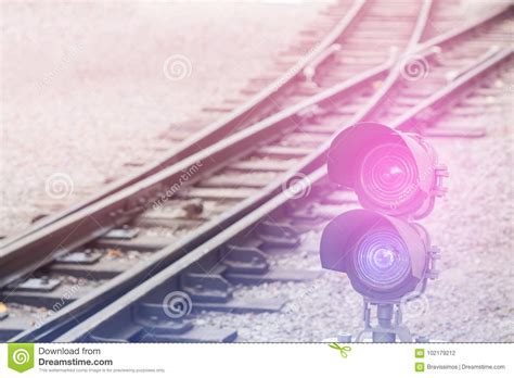 Railroad Semaphore With Diagonal Railway Background Stock Photo Image