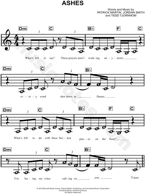 Celine Dion Ashes Sheet Music For Beginners In D Minor Download