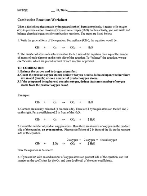 Hw D Combustion Reactions Worksheet With Key Pdf