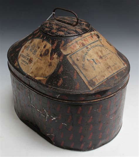 A Victorian Tole Painted Tin Hat Box The Domed Hinge Lid And Sides