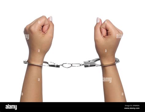 Woman In Handcuffs On White Background Closeup Stock Photo Alamy