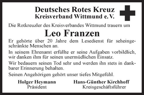 Traueranzeigen Von Leo Franzen Nordwest Trauer De