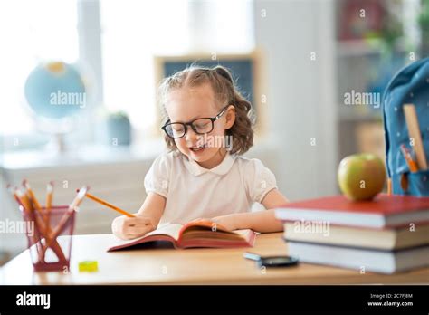 Back To School Happy Cute Industrious Child Is Sitting At A Desk