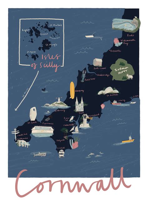 A4 And A3 Cornwall Map Print Illustrated Design Travel T Etsyde