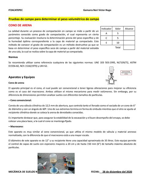 Cono De Arena Pruebas De Campo Para Determinar El Peso Volumétrico De Campo Cono De Arena La