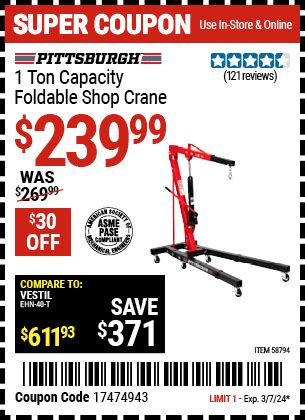 PITTSBURGH 1 Ton Capacity Foldable Shop Crane For 239 99 Harbor