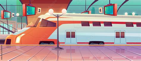 Railway station with high speed train and platform with schedule. Vector cartoon illustration of ...