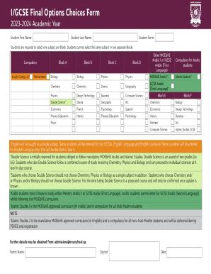 Fillable Online I GCSE Final Options Choices Form Fax Email Print