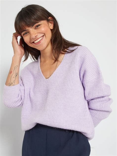 Pull en maille grosse jauge à col V Lilas Kiabi 15 00