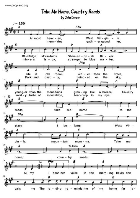 John Denver Take Me Home Country Roads Sheet Music Pdf Free Score