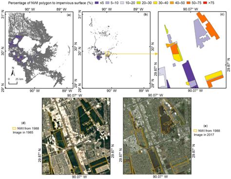 Statistics of wetland loss at NWI feature scale: (a) percentage of NWI ...