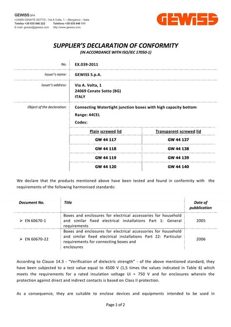 Supplier S Declaration Of Conformity Gewiss