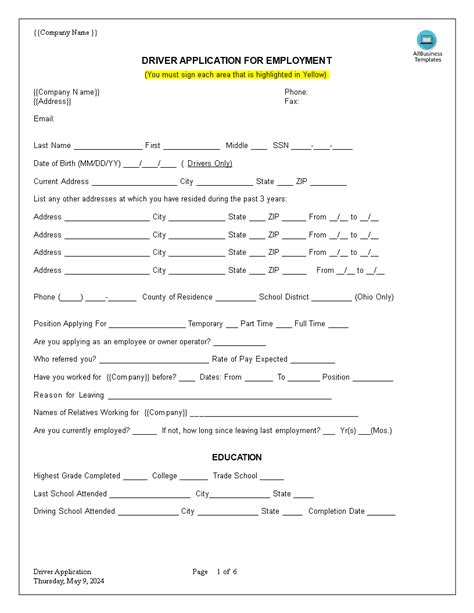 Truck Driver Employment Application Word Templates At