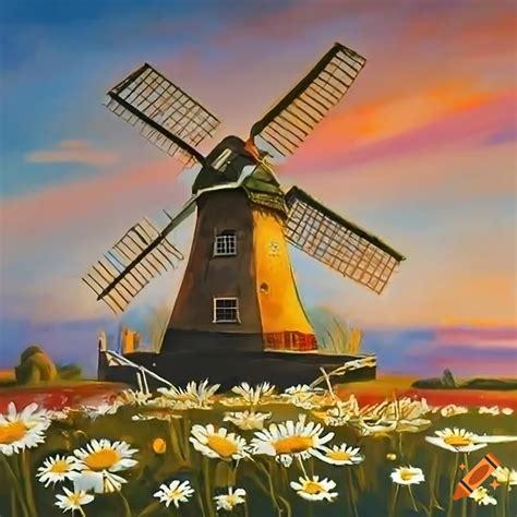 Dutch Style Painting Of A Unique Windmill In A Field Of Daisies On Craiyon