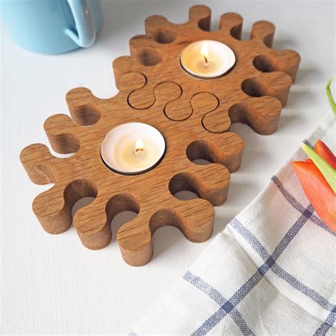 Set of Two Solid Oak Jigsaw Tea Light Candle Holders – Wood Paper Scissors