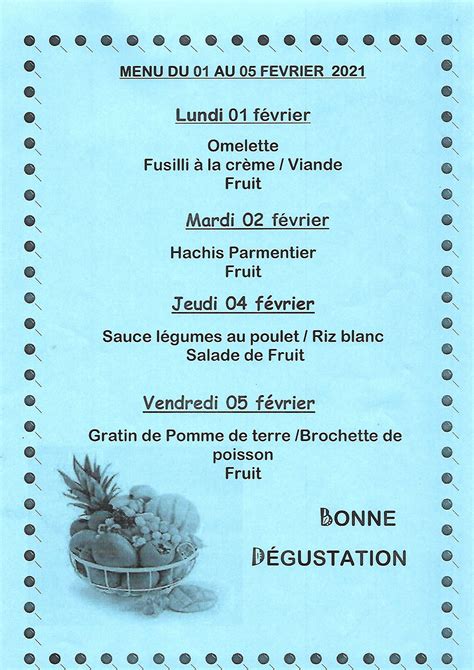 Menu De Cantine De La Semaine Du Au F Vrier Le Nid De Cocody