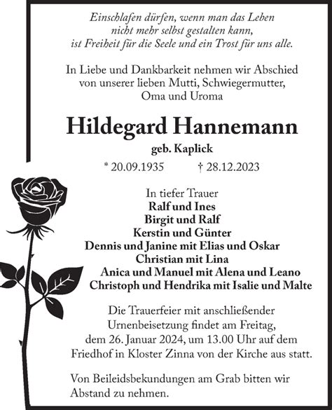 Traueranzeigen von Hildegard Hannemann Märkische Onlinezeitung