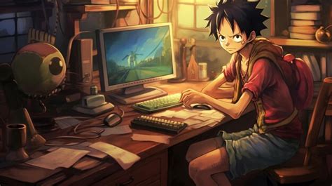 Premium Photo Anime Boy Sitting At A Desk With A Computer And A