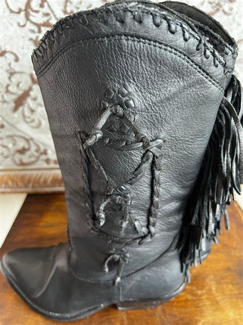 Vintage Zodiac Carson Leather Fringe Cowboy Boot 85m Black Etsy