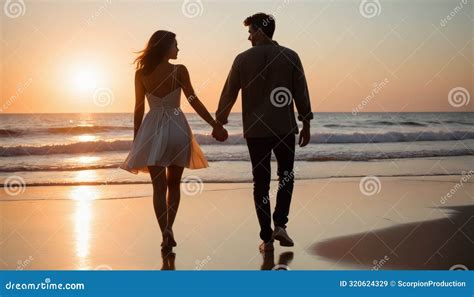 Romantic Couple Holding Hands On Sunset Beach Stock Image Image Of