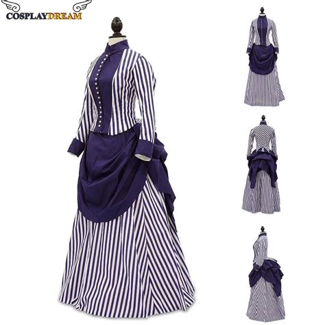 Victorian Purple And White Striped Bustle Ball Gown 1860s Civil War