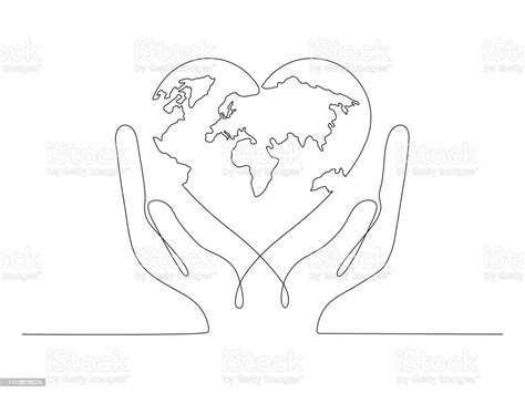 Human Hands Holding Earth Globe Continuous Line Art Drawing In Heart