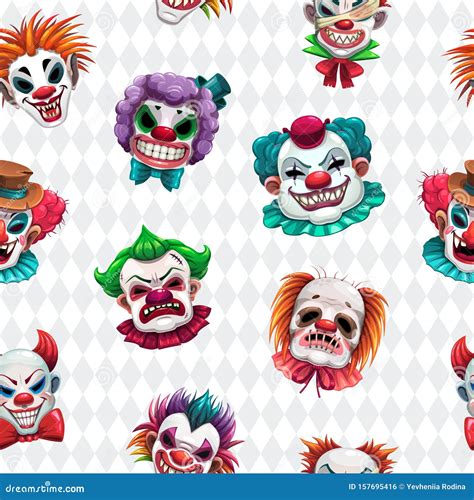 Seamless Pattern With Scary Clown Faces On The White Background Stock