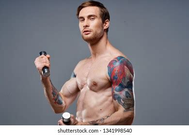 Inflated Man Naked Body Dumbbells His Stock Photo Shutterstock