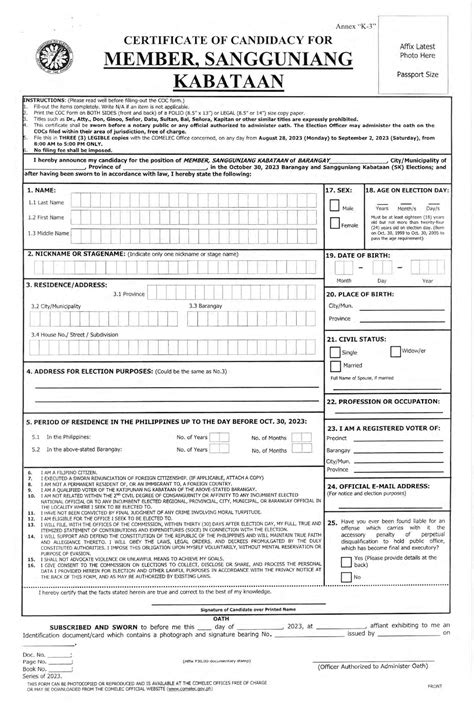 Comelec Bske 2023 Annexk 3 Certificate Of Candidacy For Member