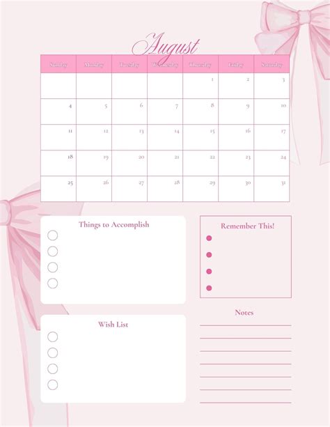 Pink Coquette Monthly Calendar Etsy