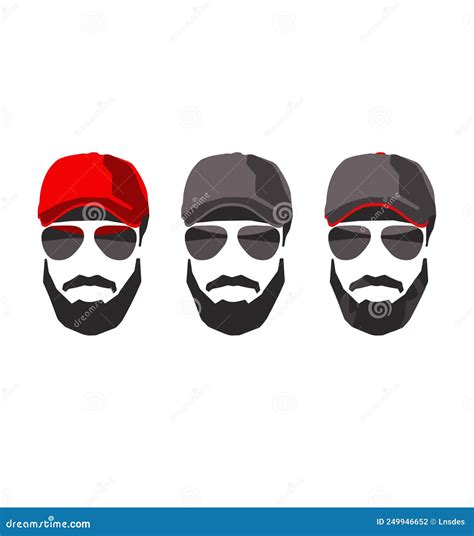 Set Of Hipster Man Bearded Face In Sunglasses And With Cap Silhouette