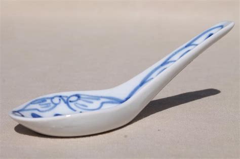 vintage blue & white china soup spoons, Chinese porcelain spoon set of 8