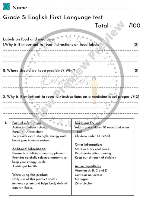 Grade 5 English First language test • Teacha!