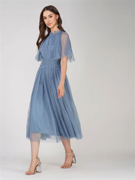 Cristiane Dusty Blue Tulle Midi Dress