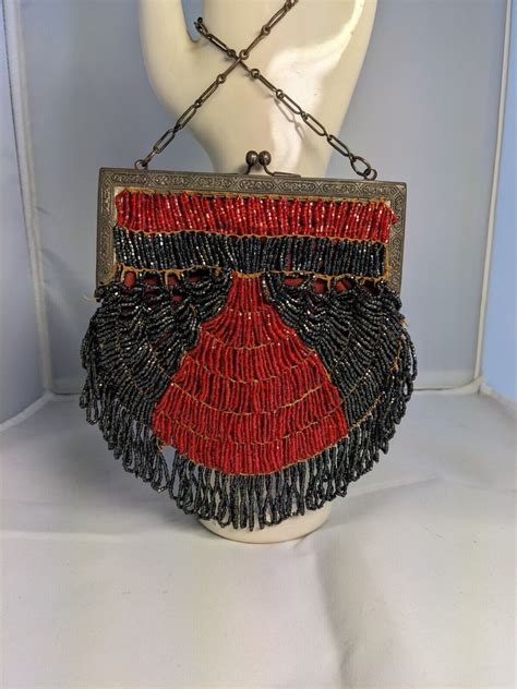 Antique Victorian Reticule Purse Beaded Red Black Me Gem