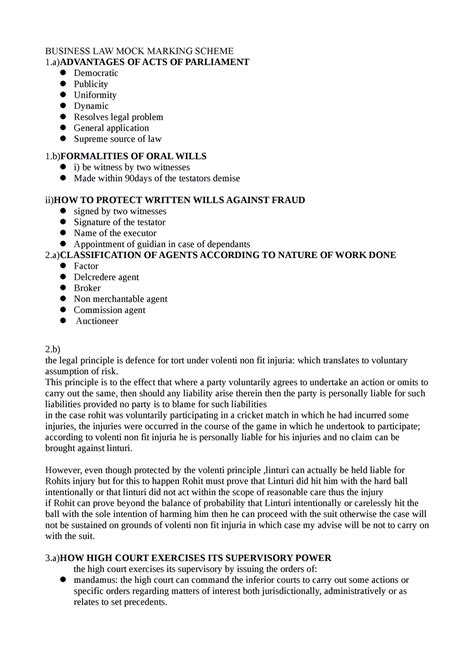 Bl Marking Scheme For Bbm Students Business Law Mock Marking Scheme