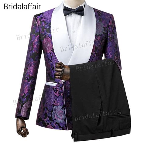 Gwenhwyfar Custom Made Groom Tuxedos Slim Fit Purple Floral Printed Men