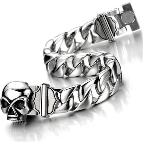 Unique Bracelet Crâne Gourmette Homme Acier Inoxydable Fermoir