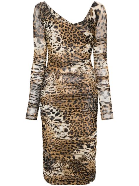 Roberto Cavalli Leopard Print Mesh Midi Dress Neutrals Farfetch