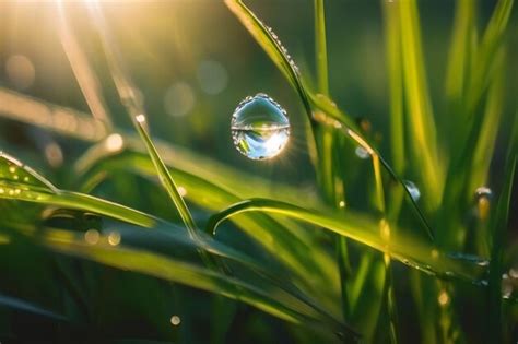 Premium Photo A Beautiful Large Drop Of Morning Dew In The Grass