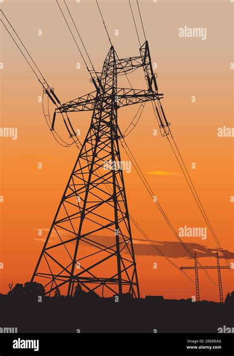 Vector Silhouette Of Power Lines And Electric Pylons Stock Vector Image