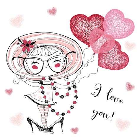 Premium Vector A Valentine S Day Card Cute Girl With Balloon Hearts