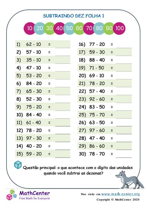 Segundo Ano Planilhas Subtração Mental de Dois Dígitos Math Center