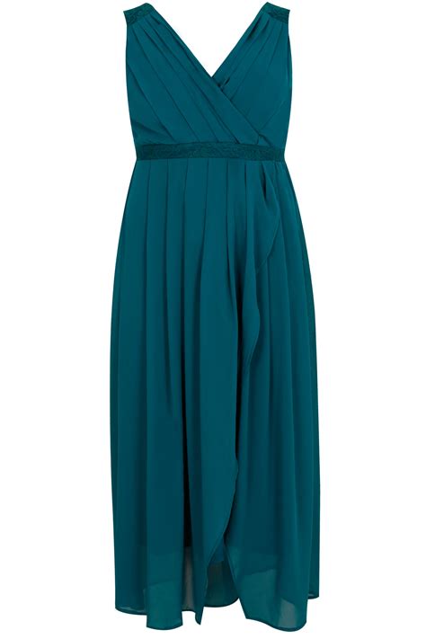 Teal Ruched Chiffon Maxi Wrap Dress With Lace Detail Plus Size 16 To 36